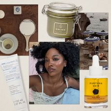 A collage of images of people and images in and of the Mediterranean region, with Mediterranean skincare products overlaid.