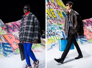 Left, model wears an oversized checkered jacket with blue trousers. Right, model wears black tailored trousers and brown leather jacket