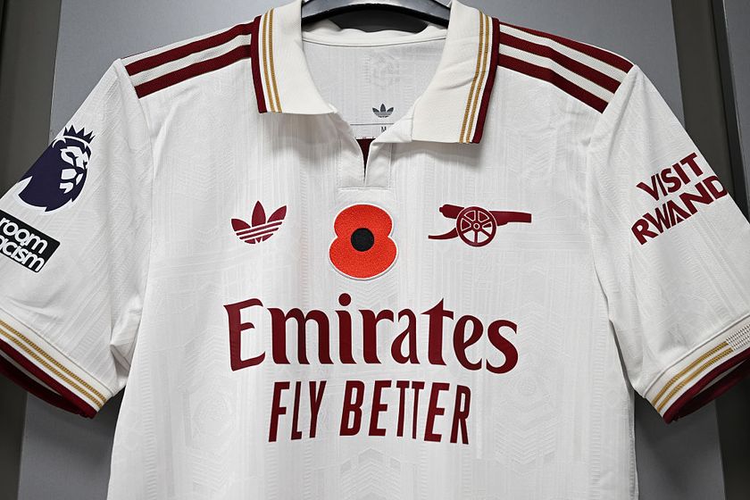 A detailed view of the poppy emblem on a matchday shirt inside the Arsenal dressing room prior to the Premier League match between Burnley and Arsenal at Turf Moor on November 01, 2025 in Burnley, England.