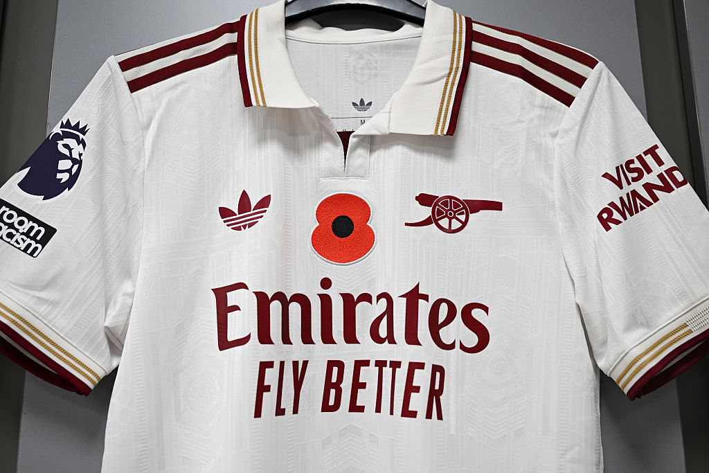 A detailed view of the poppy emblem on a matchday shirt inside the Arsenal dressing room prior to the Premier League match between Burnley and Arsenal at Turf Moor on November 01, 2025 in Burnley, England.