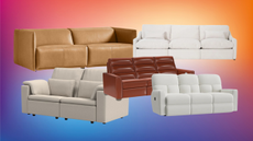 a collage of reclining sofas on a colorful background