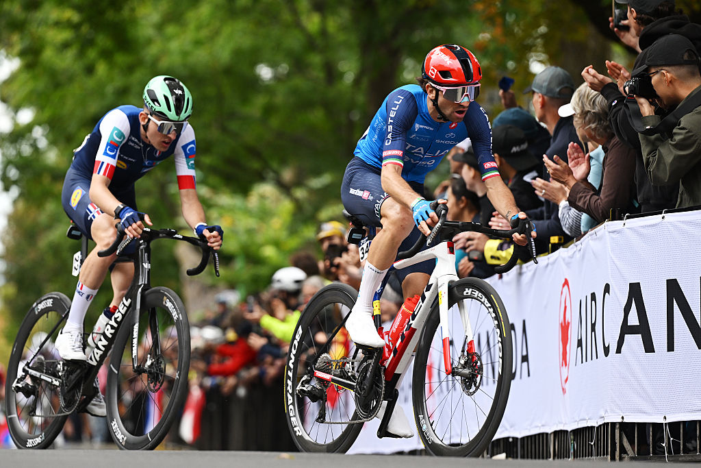 Giulio Ciccone races uphill on the way to a top-10 finish at the 2026 Road World Championships