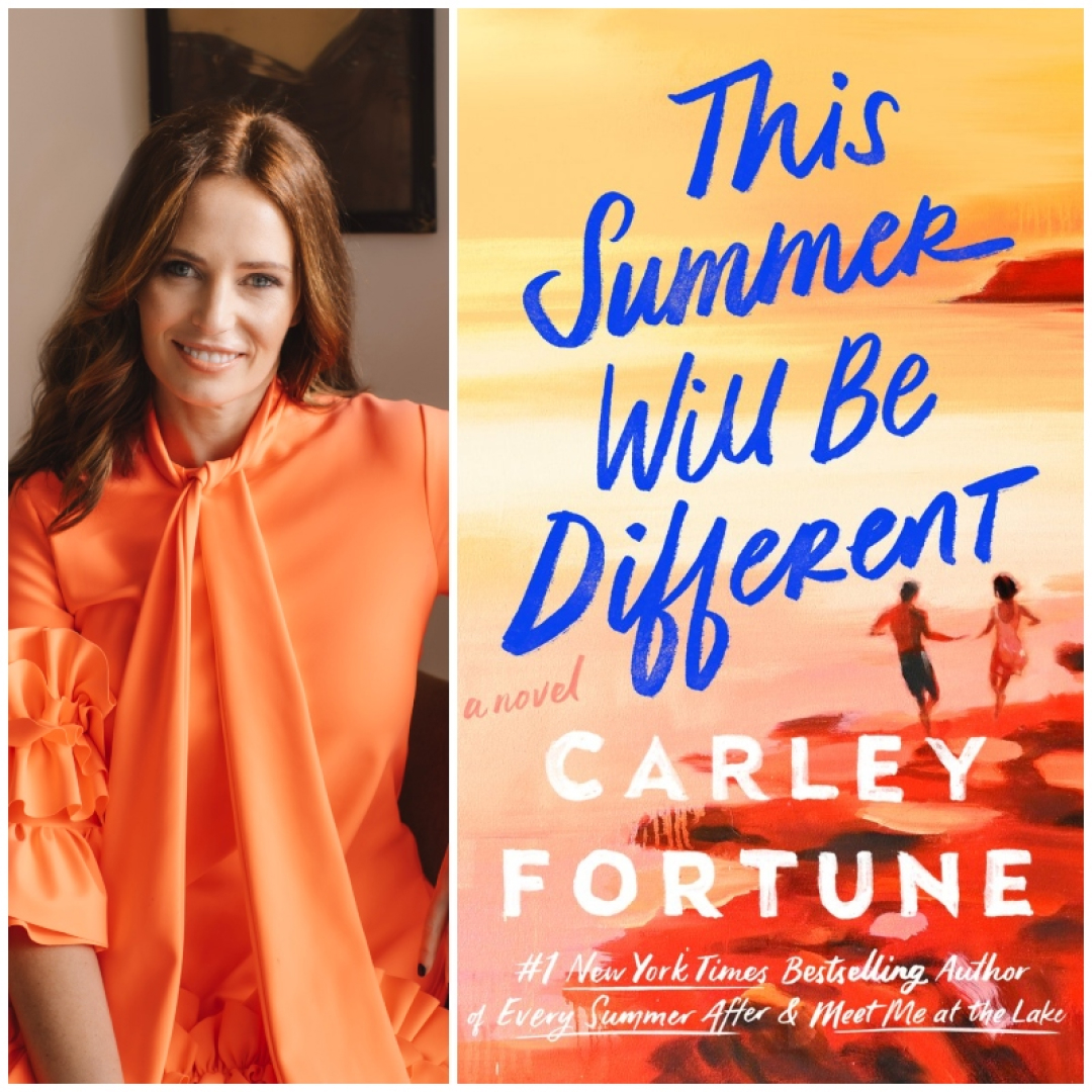a split image of author carley fortune posing in an orange blouse opposite the cover of her book this summer will be different