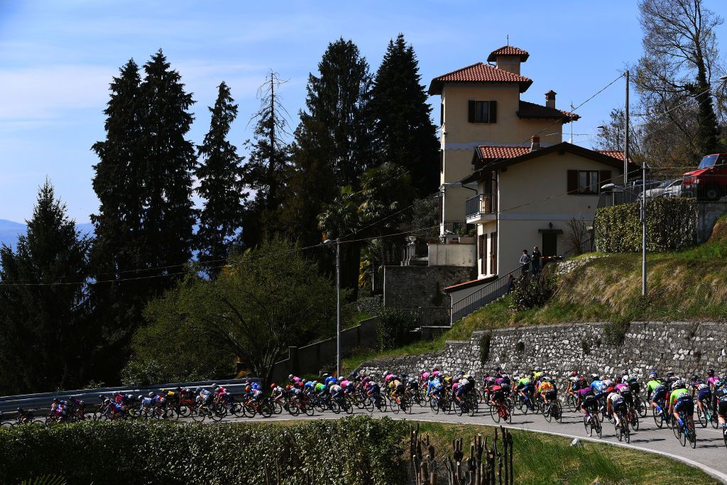 CITTIGLIO ITALY MARCH 21 The peloton during the 45th Trofeo Alfredo BindaComune di Cittiglio 2021 Womens Elite a 1418km stage from Cocquio Trevisago to Cittiglio 257m Landscape TrBinda UCIWWT on March 21 2021 in Cittiglio Italy Photo by Tim de WaeleGetty Images