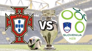 The Portugal and Slovenia club badges on top of a photo of the Euro 2024 trophy and match ball