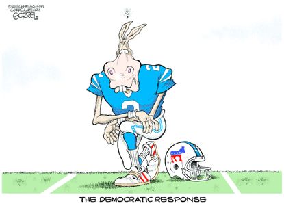 Political cartoon U.S. Trump State of the Union Democrats response NFL kneeling