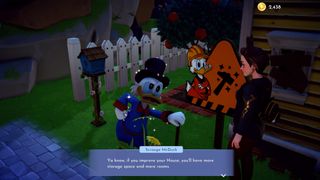 Scrooge explaining exterior home upgrades by a building sign in Disney Dreamlight Valley