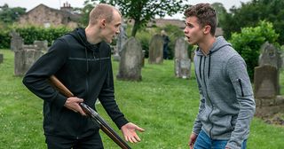 A wound-up Josh Crowther stupidly takes Pollard’s shotgun and after some teasing from Jamie and his gang, before long the gun has been fired and the police called in Emmerdale.