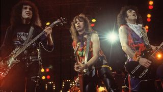 (from left) Gene Simmons, Vinnie Vincent and Paul Stanley perform with Kiss at the UIC Pavillion in Chicago on February 15, 1984