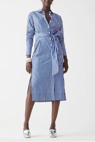 Long-Sleeve Button-Up Shirtdress in Striped Cotton Poplin