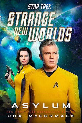 Two yellow-uniformed officers on the cover of "Star Trek: Strange New Worlds: Asylum"