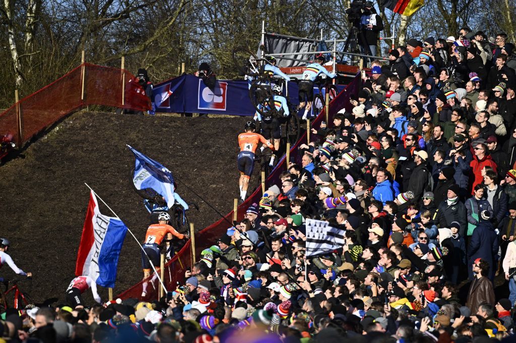 Riders pictured in action during the elite men competition of the UCI cyclocross World Championship, in Lievin, France, Sunday 02 February 2025. The world championships are taking place from 31 January until 02 February.
BELGA PHOTO JASPER JACOBS (Photo by JASPER JACOBS / BELGA MAG / Belga via AFP)