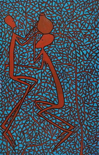 An image of stick like figures on a blue background with a brown branch like pattern