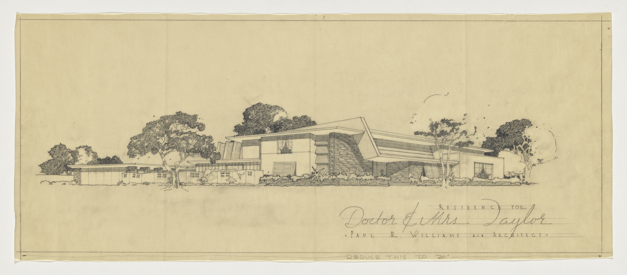 Residence for Dr. and Mrs. Taylor (perspective rendering), 1953, by Paul R. Williams, (American, 1894&amp;ndash;1980), graphite on paper.