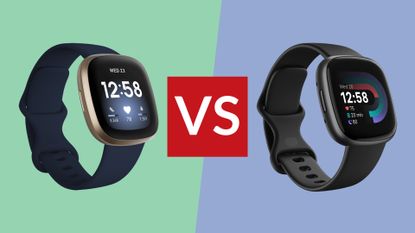Fitbit Versa 3 vs Versa 4: Pictured here, the Versa 3 against green background (left), and the Versa 4 against blue background (right)