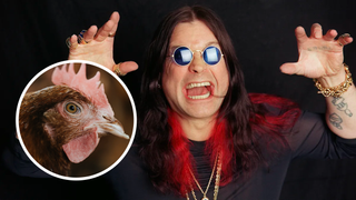 Ozzy Osbourne in 2001, with a photo of a chicken inset