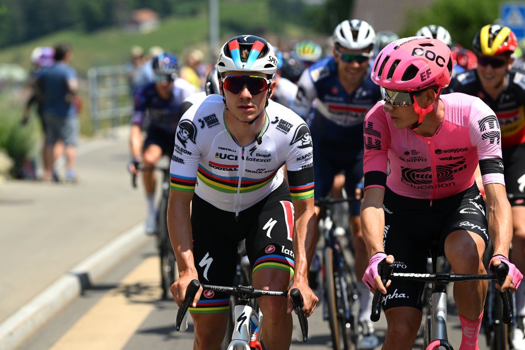 WEINFELDEN SWITZERLAND JUNE 17 LR Remco Evenepoel of Belgium and Team Soudal QuickStep and Mikkel Honore of Denmark and Team EF EducationEasyPost compete during the 86th Tour de Suisse 2023 Stage 7 a 1835km stage from Tbach to Weinfelden UCIWT on June 17 2023 in Weinfelden Switzerland Photo by Dario BelingheriGetty Images