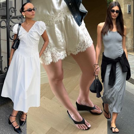 fashion collage of three style influencers wearing chic summer 2026 outfit ideas with trendy dresses, sandals, and shorts