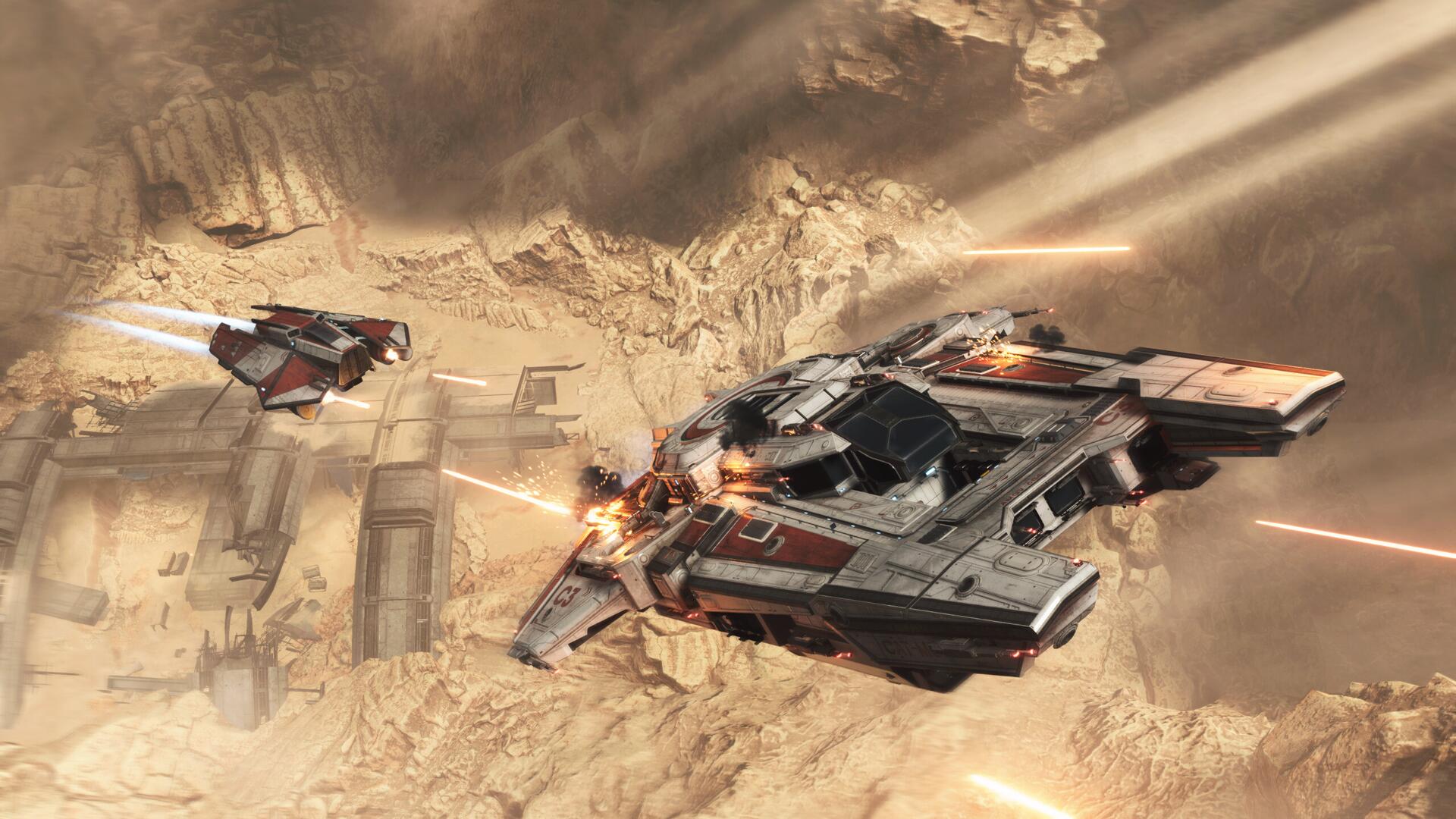 One spaceship pursues another in Jump Space above a rocky planet, while firing lasers