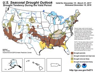A forecast predicting which areas will be affected by drought in January, February and March 2017.