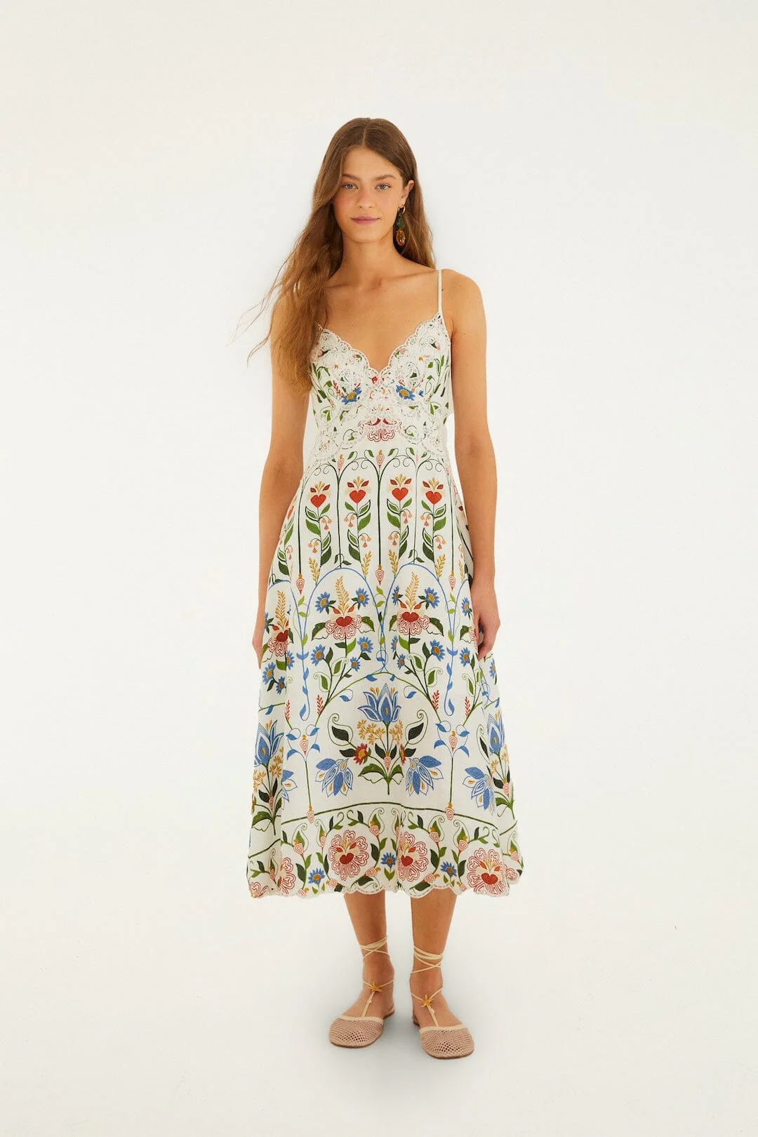 Farm Rio, Off-White Stitched Garden Euroflax&amp;trade; Premium Linen Midi Dress