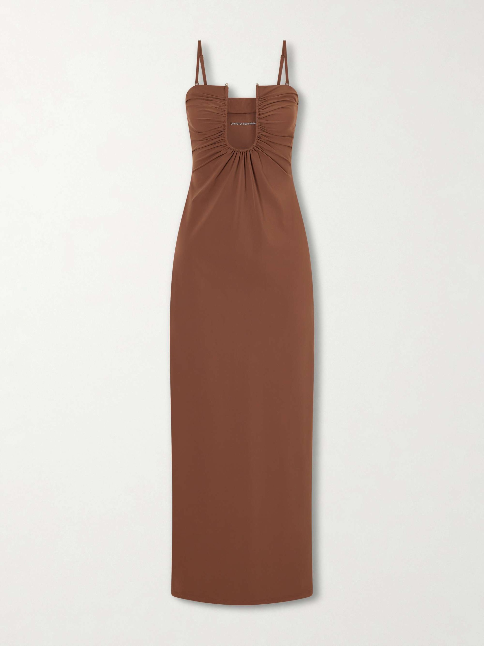 Arced Ruched Satin Maxi Dress