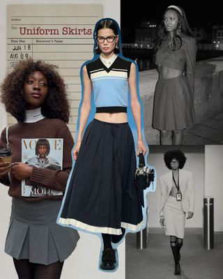 a collage depicting models wearing pleated skirts and pencil skirts on the runway