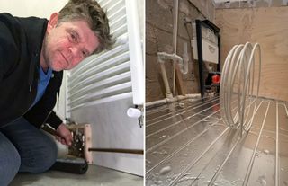 A split image with David Hilton fiddling with his underfloor heating to the left and a shot of the pipework on the right