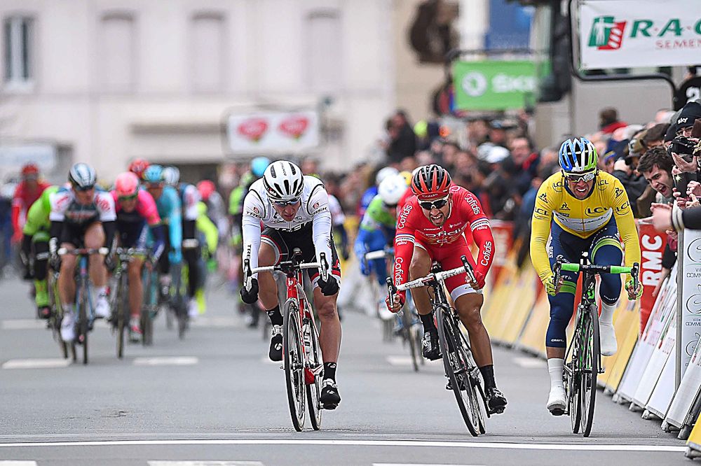 Nacer Bouhanni and Michael Matthews following the contentious stage 2 sprint at Paris-Nice.