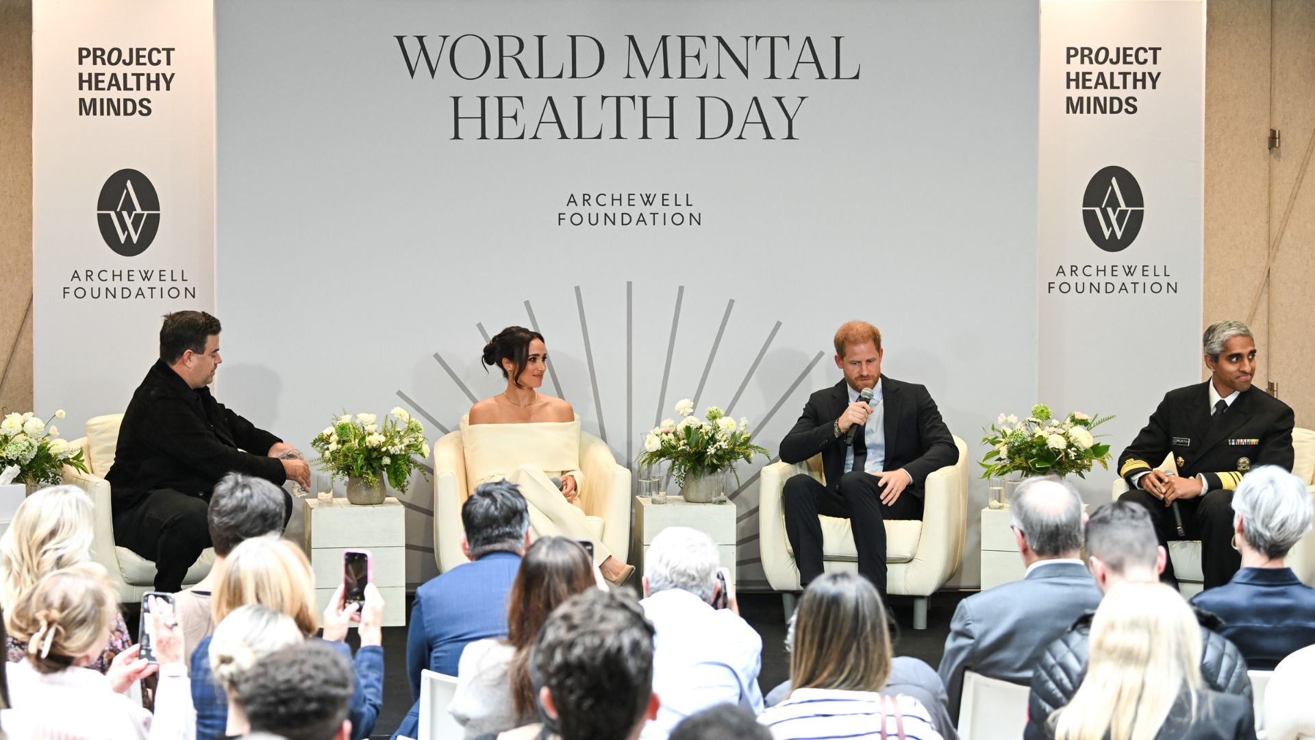 Meghan Markle and Prince Harry on stage with other speakers at The Archewell Foundation Parents&amp;rsquo; Summit: Mental Wellness in the Digital Age in 2023