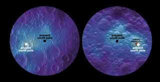 Maps of lunar hydrogen (a proxy for water ice), as measured by NASA's Lunar Prospector spacecraft poleward of 80 degrees N/S. The hydrogen-abundance maxima (white dots) are offset significantly from the present north and south poles, and are inferred to be ancient lunar-spin poles.