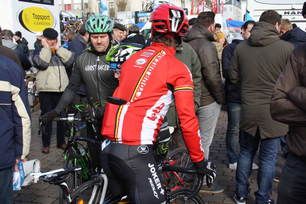 The first obstacle of the day for the rider at Omloop Het Nieuwsblad is navigating the crowds on Sint-Pietersplein in Ghent to find the signing on podium.