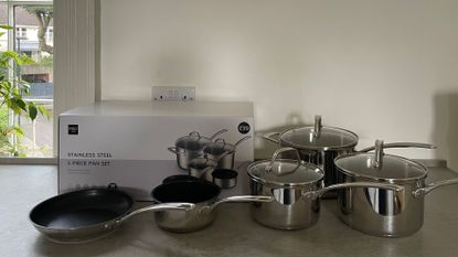 M&amp;S Stainless Steel Pan Set on the counter