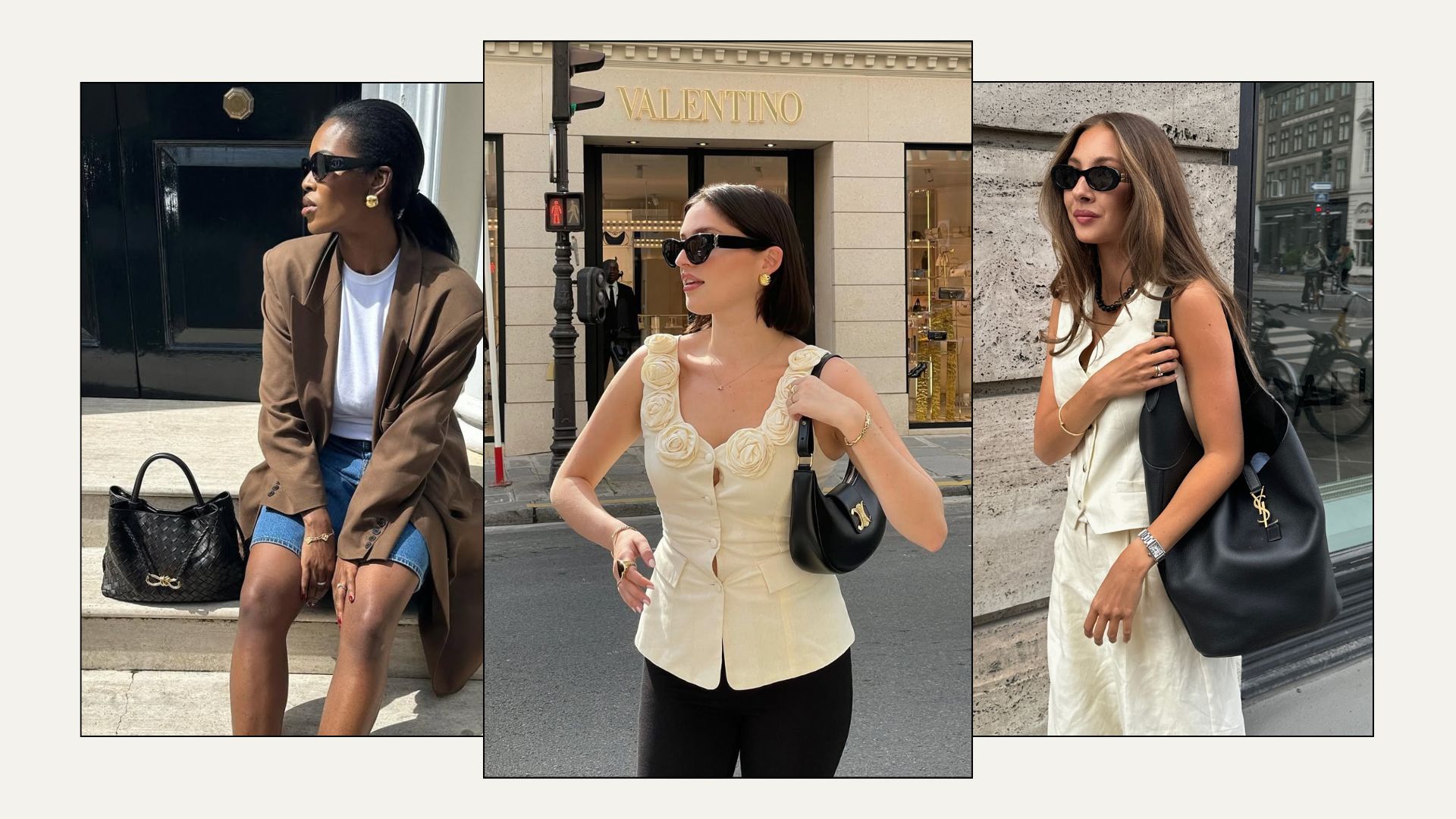Woman wears blazer, T-shirt, shorts and black bag; woman wears cream top, black trousers, black bag; woman wears cream waistcoat, trousers and black bag