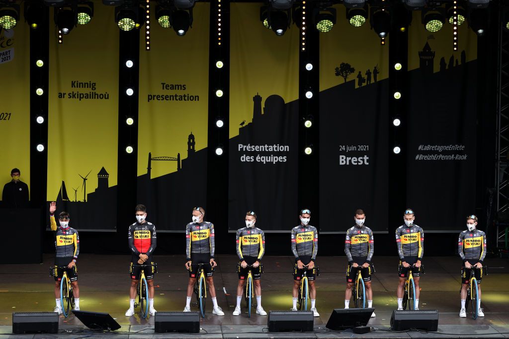 BREST FRANCE JUNE 24 Primo Rogli of Slovenia Wout Van Aert of Belgium Mike Teunissen of The Netherlands Robert Gesink of The Netherlands Jonas Vingegaard of Denmark Tony Martin of Germany Sepp Kuss of The United States Steven Kruijswijk of The Netherlands and Team JumboVisma during the 108th Tour de France 2021 Team Presentation Landscape LeTour TDF2021 on June 24 2021 in Brest France Photo by Tim de WaeleGetty Images