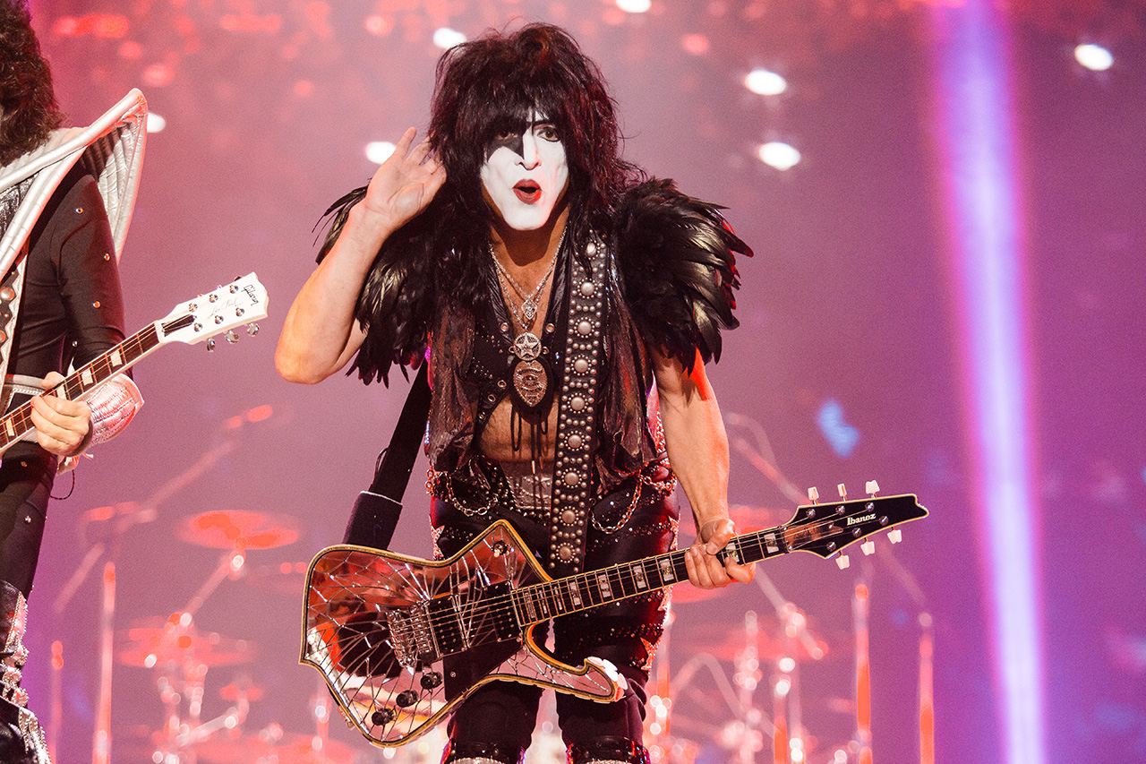 Paul Stanley wields his signature Ibanez Iceman onstage with Kiss