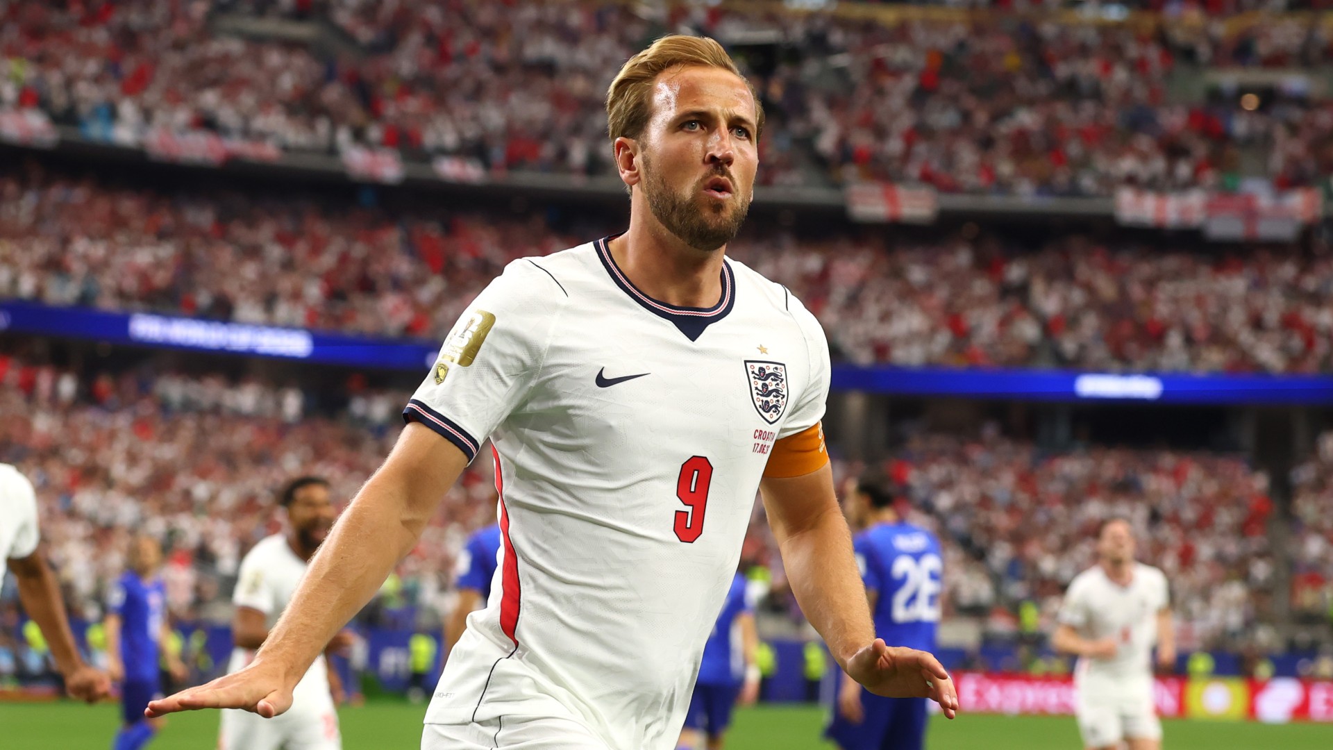 Harry Kane of England celebrates scoring a goal to make the score 1-0 during the FIFA World Cup 2026 Group L match