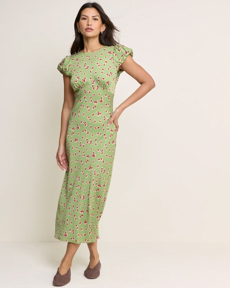 model wearing a green midi dress, Nobody's Child