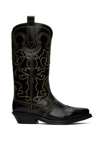 Ganni Black Mid Shaft Embroidered Western Boots 