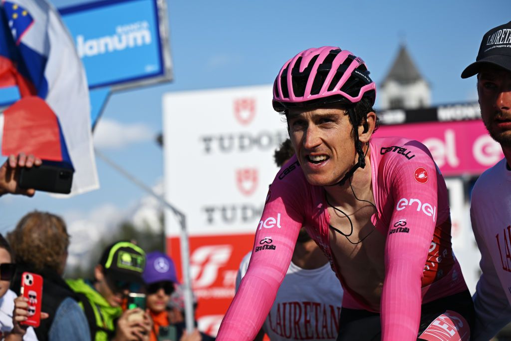 MONTE LUSSARI ITALY MAY 27 Geraint Thomas of The United Kingdom and Team INEOS Grenadiers Pink Leader Jersey disappointments crossing the finish line during the 106th Giro dItalia 2023 Stage 20 a 186km individual climbing time trial stage from Tarvisio 750m to Monte Lussari 1744m UCIWT on May 27 2023 in Monte Lussari Italy Photo by Stuart FranklinGetty Images