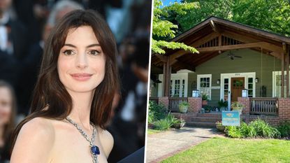 split screen with anne hathaway on the left and the home from &#039;idea of you&#039; on the right