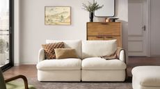 Image of a two-seater white sofa in a white living room with a gray rug underneath and a wooden console and painting on the back wall.