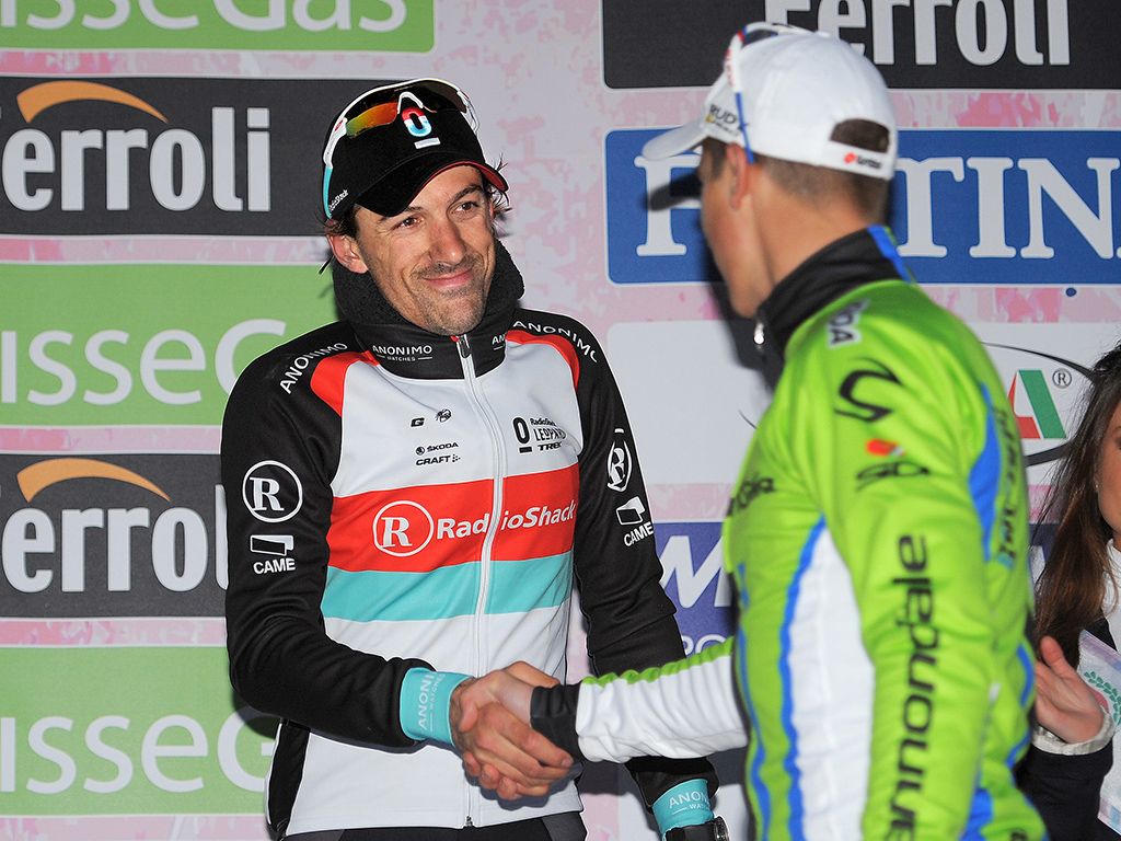 Fabian Cancellara (winner) congratulates Peter Sagan on his second place at the 2013 Milan-San Remo