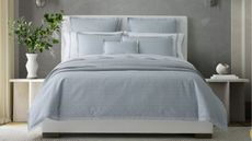 An example of bed sheet buying rules, blue bed sheets in the Matouk Spring 2024 Collection.