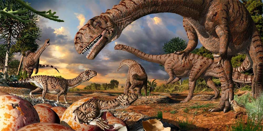 This is an artist&#039;s interpretation, showing 190 million year old nests, eggs, hatchlings and adults of the prosauropod dinosaur Massospondylus in Golden Gate Highlands National Park, South Africa.