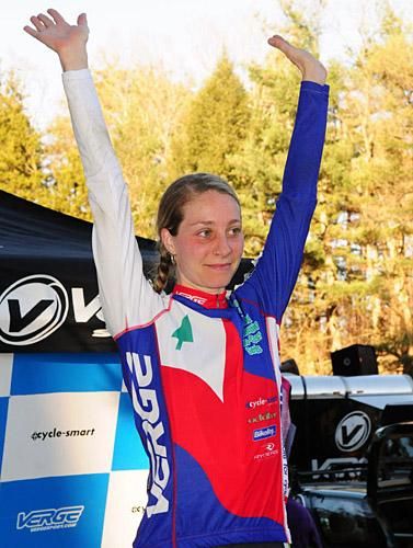 Mo Bruno-Roy (M&amp;M Racing-Seven Cycles) puts on another Verge New England leader's jersey.