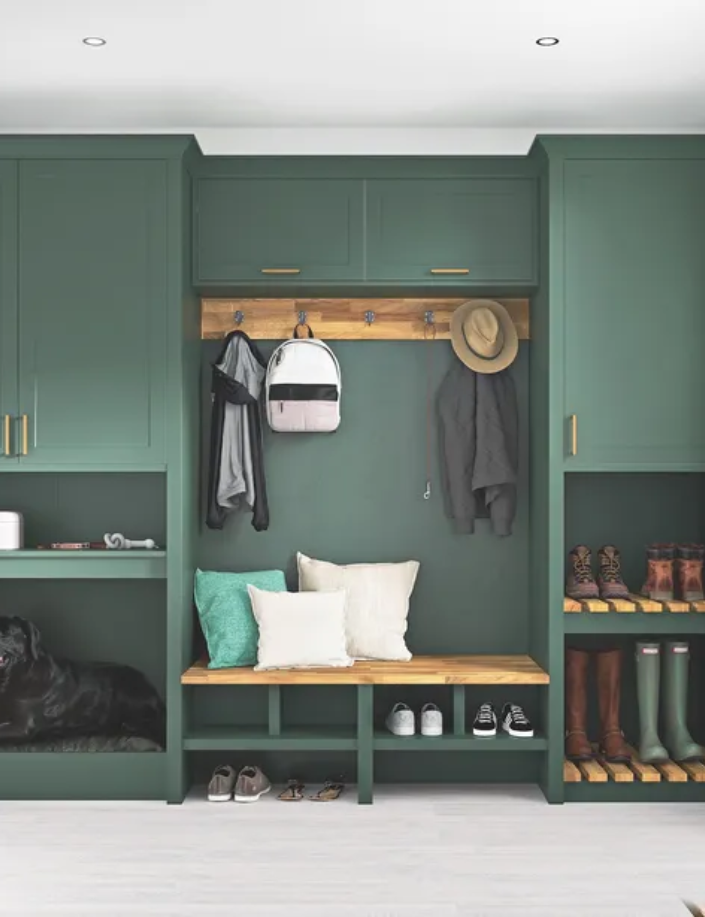 green boot room storage and bench