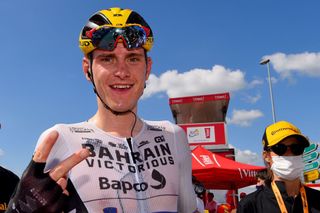 Matej Mohoric celebrates a second stage win at the Tour de France