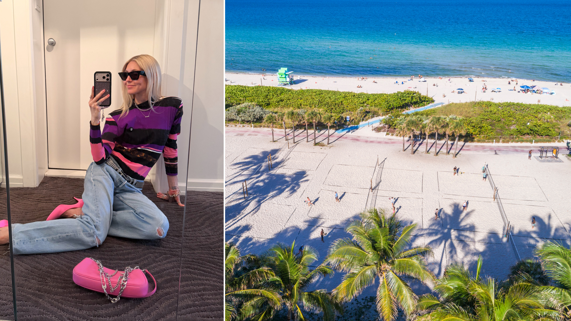 Jessica Minkoff showing off a pink outfit next to a photo of Miami