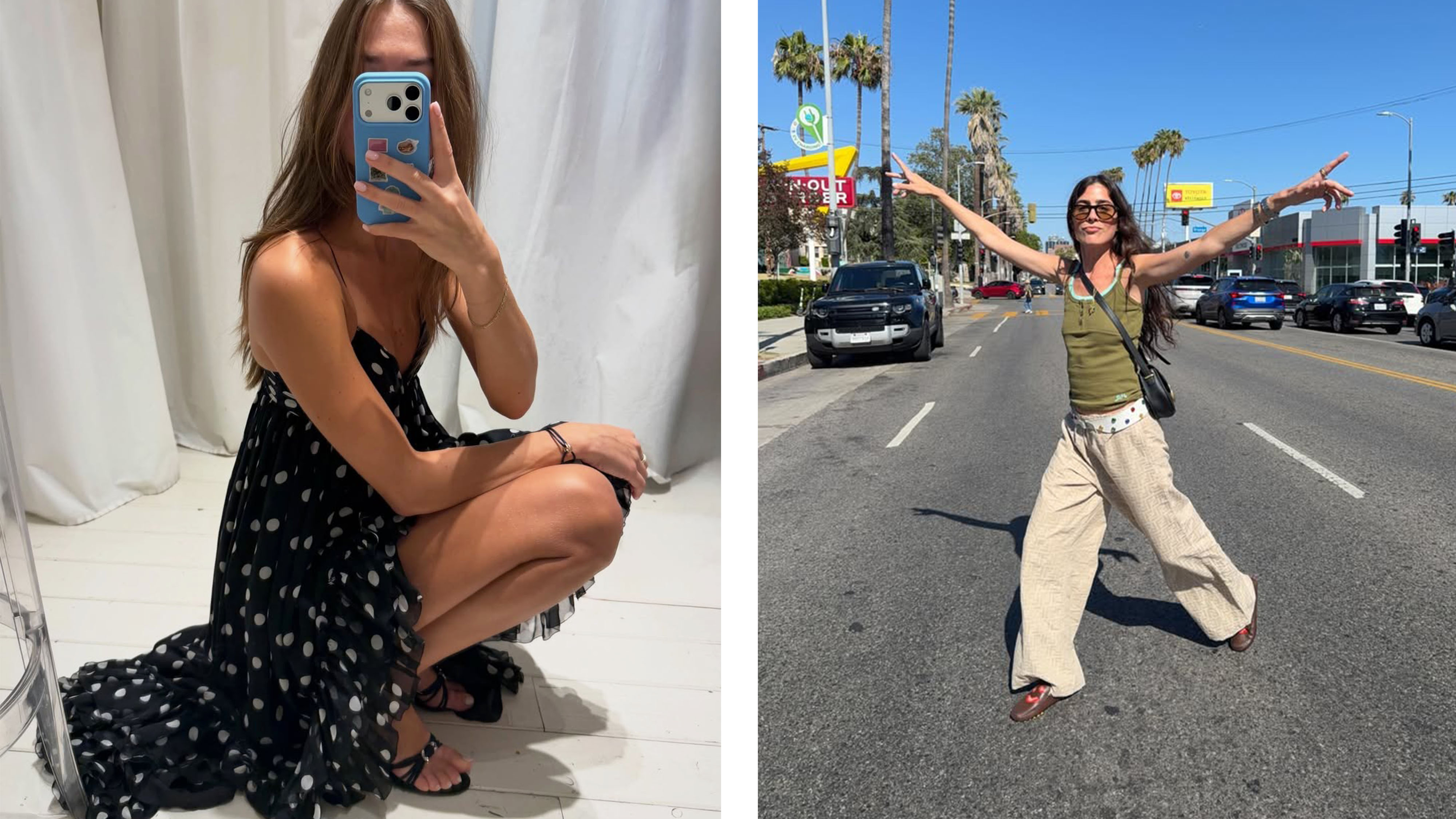 Woman in a polka-dot dress; woman in linen pants and a green top
